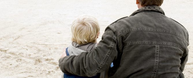 Father and son sitting on bench